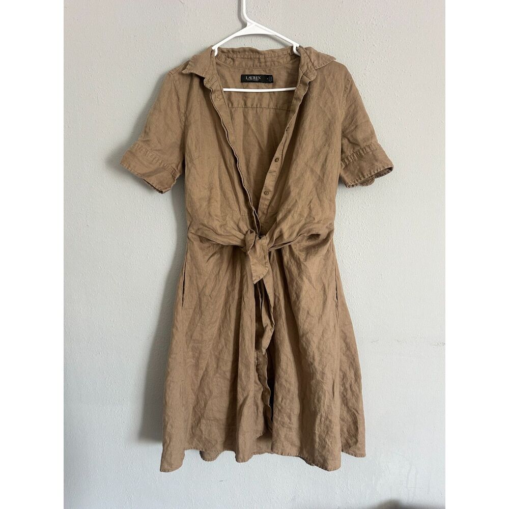 Lauren Ralph Lauren Black Label 100% Linen Shirt Dress Size 4 Tan Tie Waist - Picture 2 of 6